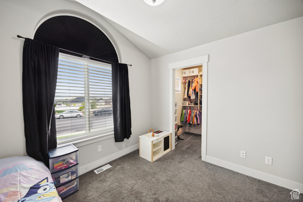 Bedroom with vaulted ceiling, a walk in closet, carpet flooring, baseboards, and a closet