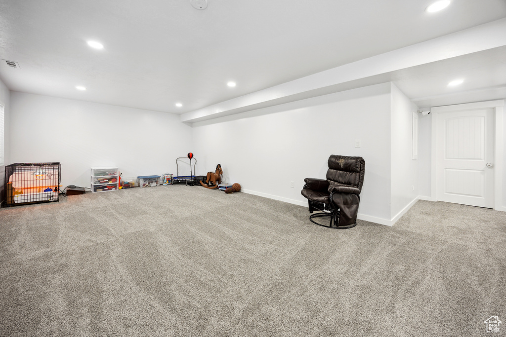 Playroom with carpet floors, recessed lighting, and baseboards