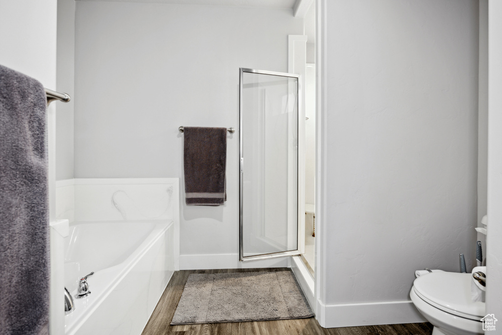 Bathroom with wood finished floors, toilet, baseboards, a stall shower, and a bath