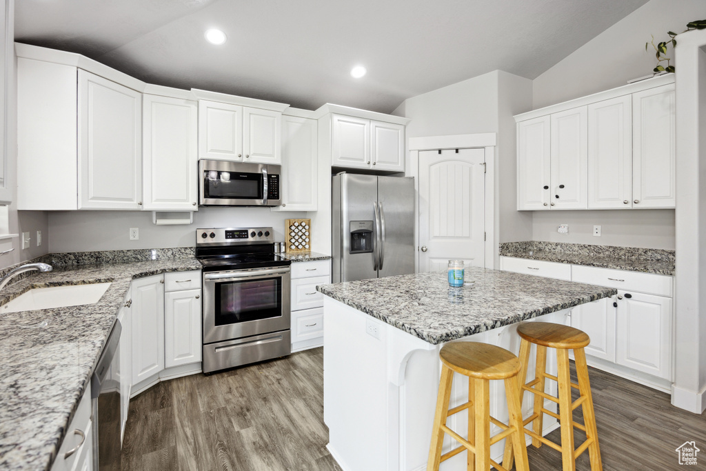 Kitchen with appliances with stainless steel finishes, a sink, vaulted ceiling, a center island, and recessed lighting