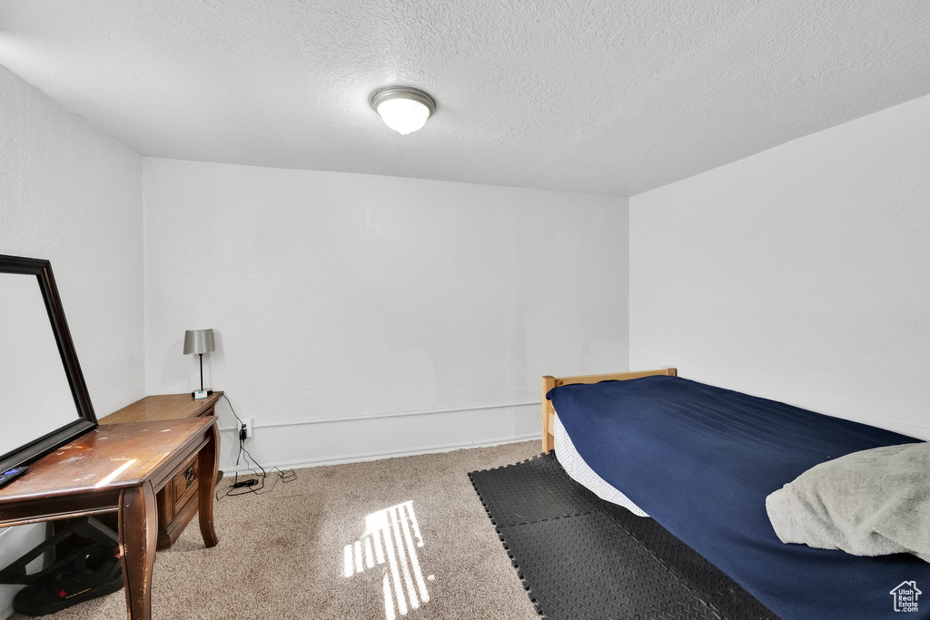 Bedroom featuring carpet flooring, baseboards, and a textured ceiling