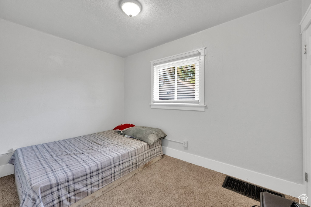 Bedroom featuring carpet floors, baseboards, and a textured ceiling