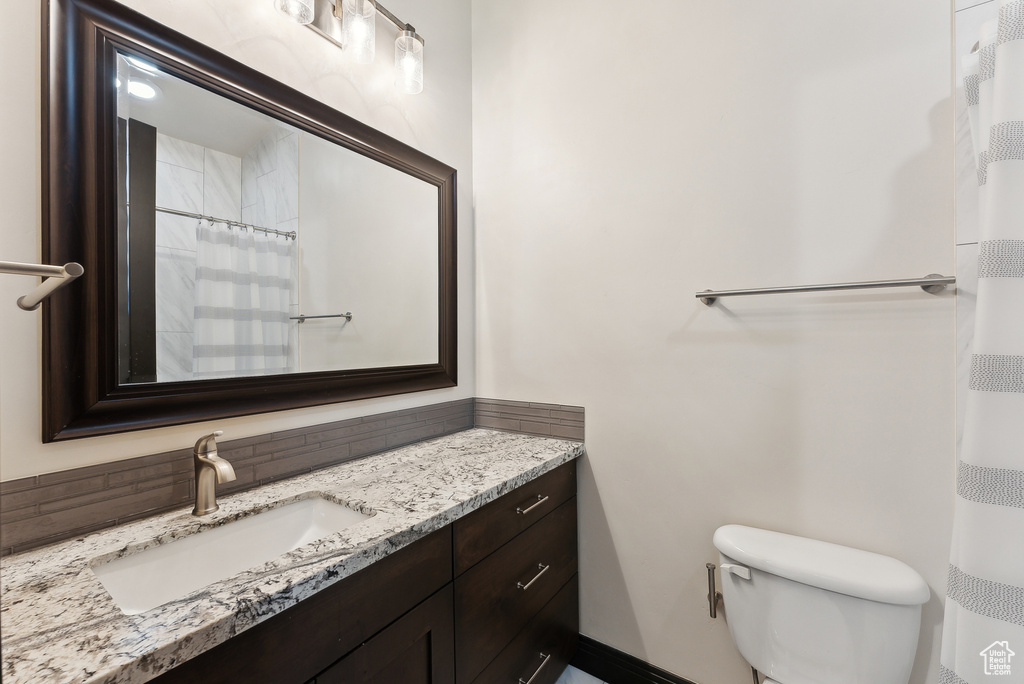 Full bathroom featuring vanity, toilet, and a shower with shower curtain