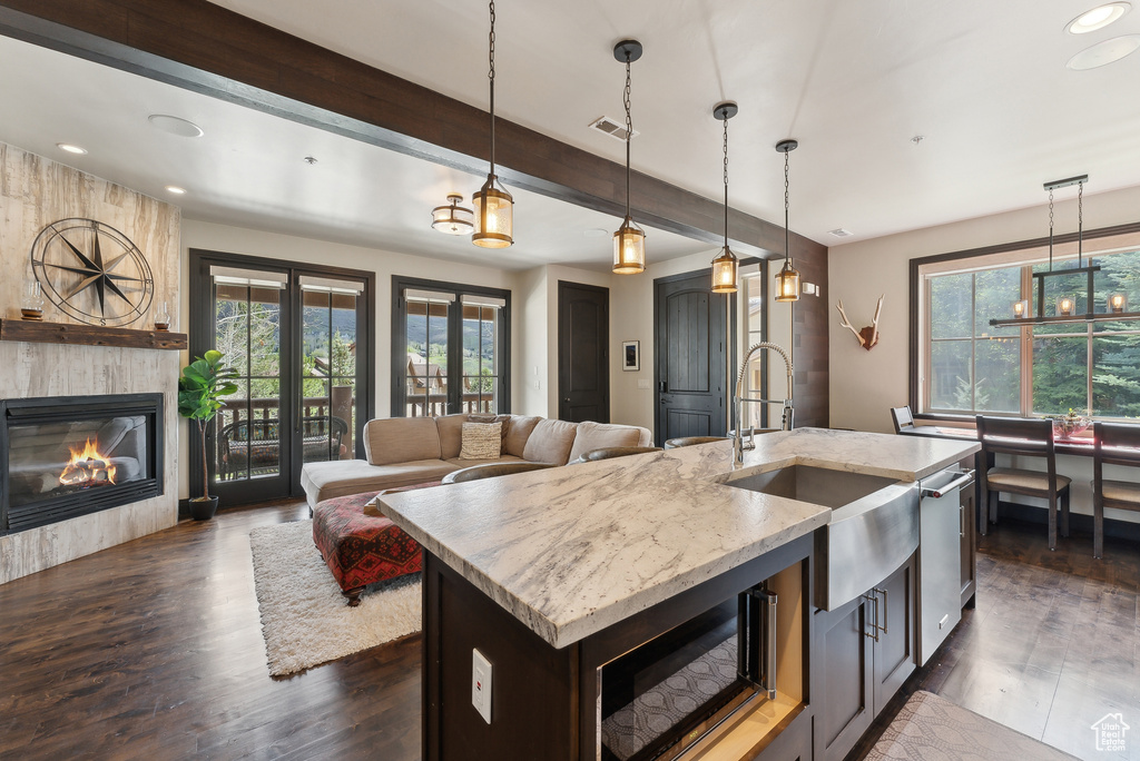 Kitchen featuring a sink, stainless steel appliances, healthy amount of natural light, dark wood-style floors, and recessed lighting
