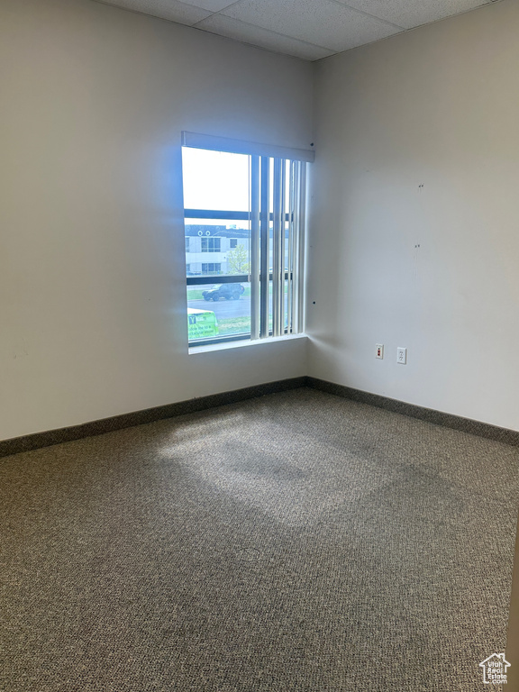 Carpeted spare room featuring baseboards and a drop ceiling