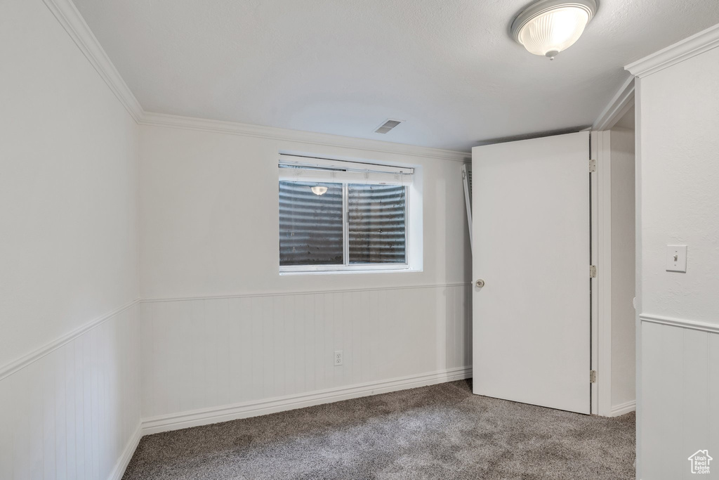Empty room featuring carpet floors and ornamental molding