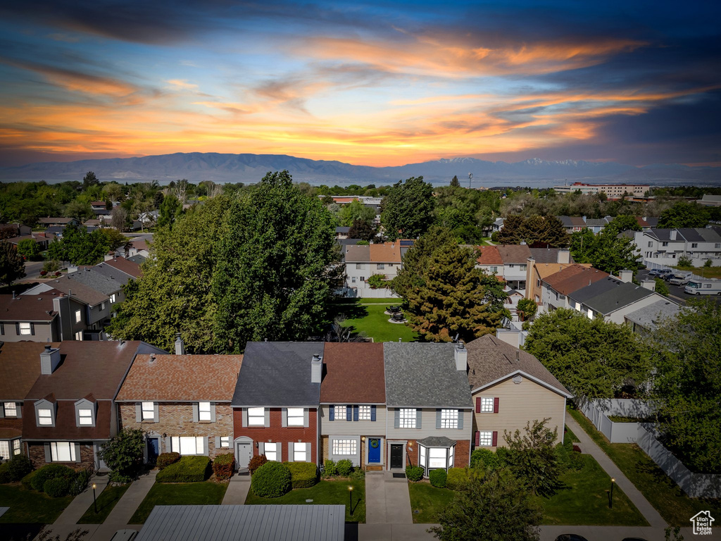 Aerial view of residential area with mountains