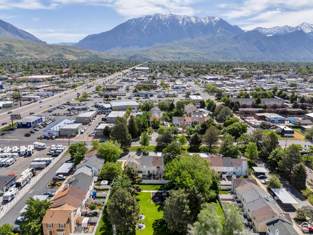 Aerial perspective of suburban area with mountains