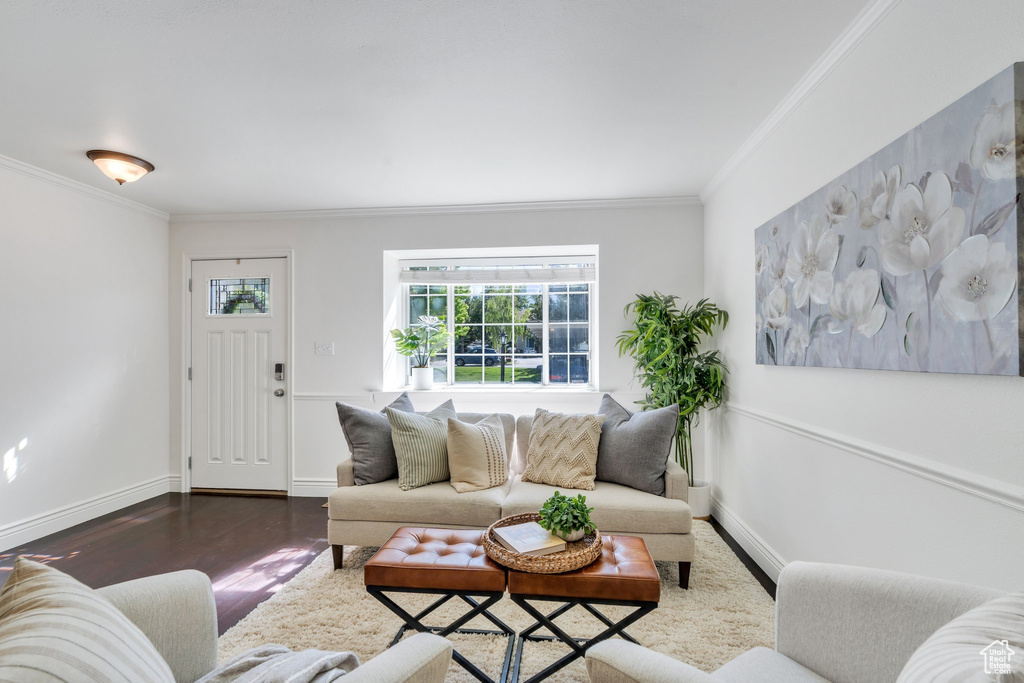 Living area featuring ornamental molding, wood finished floors, and baseboards