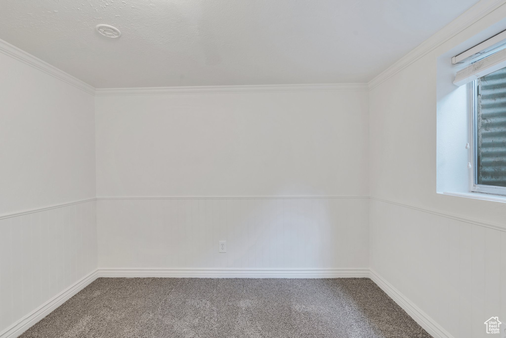 Carpeted empty room featuring ornamental molding and baseboards