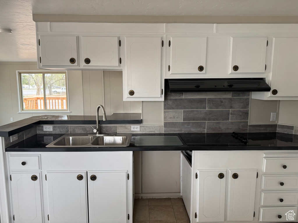 Kitchen with a sink, dark countertops, white cabinetry, under cabinet range hood, and tasteful backsplash