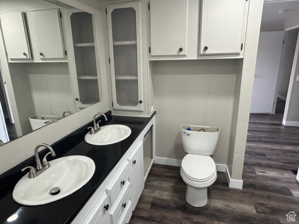 Bathroom with wood finished floors, baseboards, and a sink