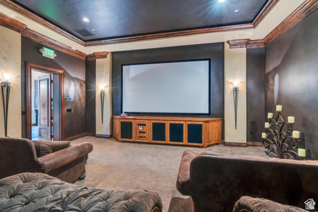Carpeted home theater with crown molding, baseboards, and a raised ceiling