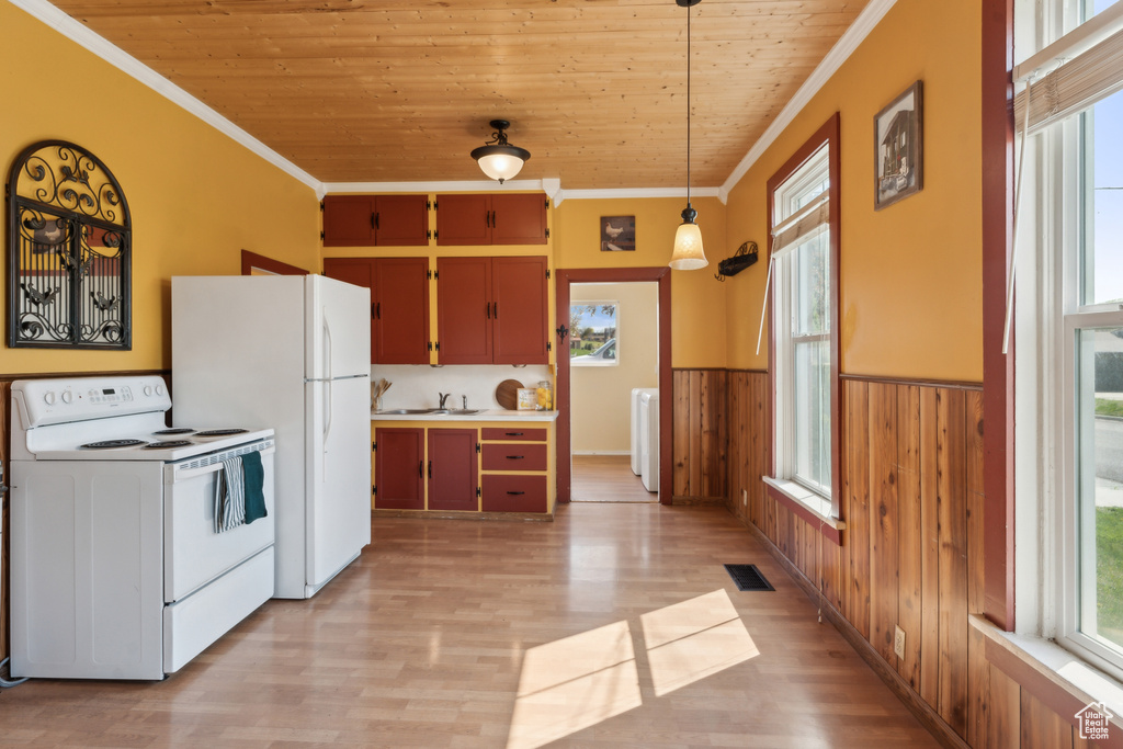 Kitchen featuring white appliances, a wainscoted wall, wooden ceiling, a sink, and plenty of natural light