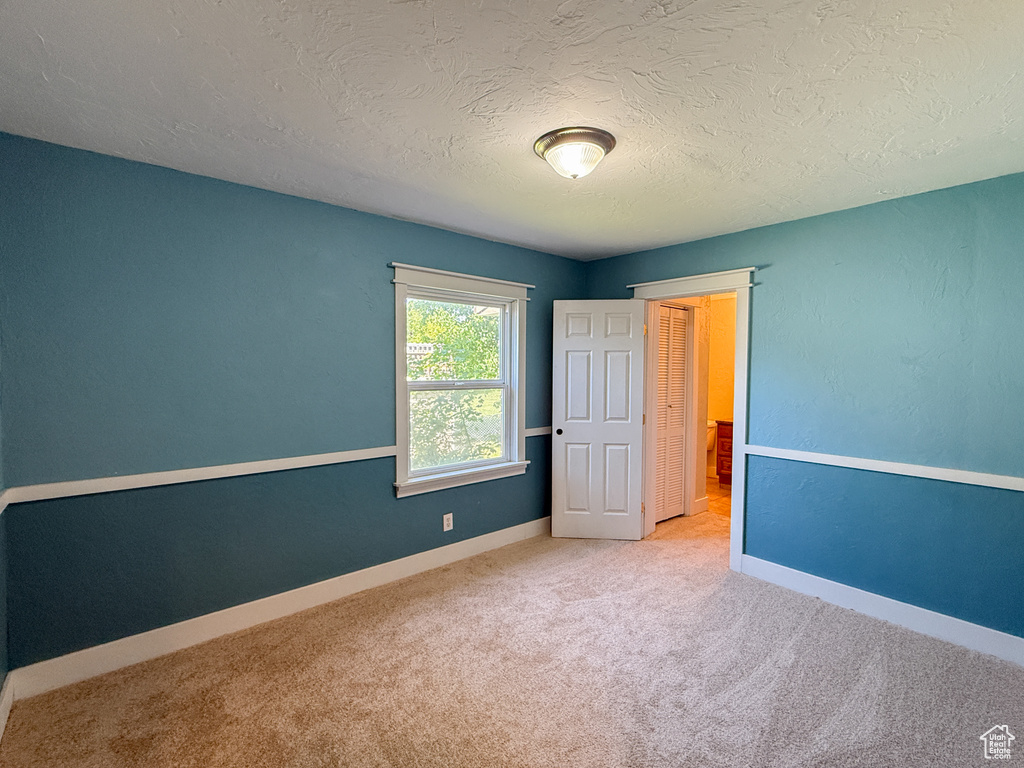 Empty room featuring carpet flooring, a textured ceiling, and baseboards