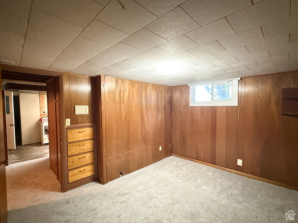 Basement featuring carpet flooring and wood walls