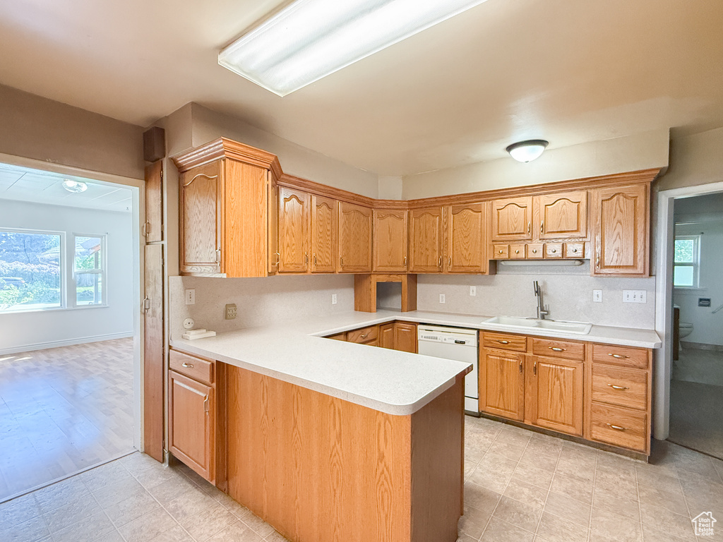 Kitchen with a sink, dishwasher, plenty of natural light, and light countertops
