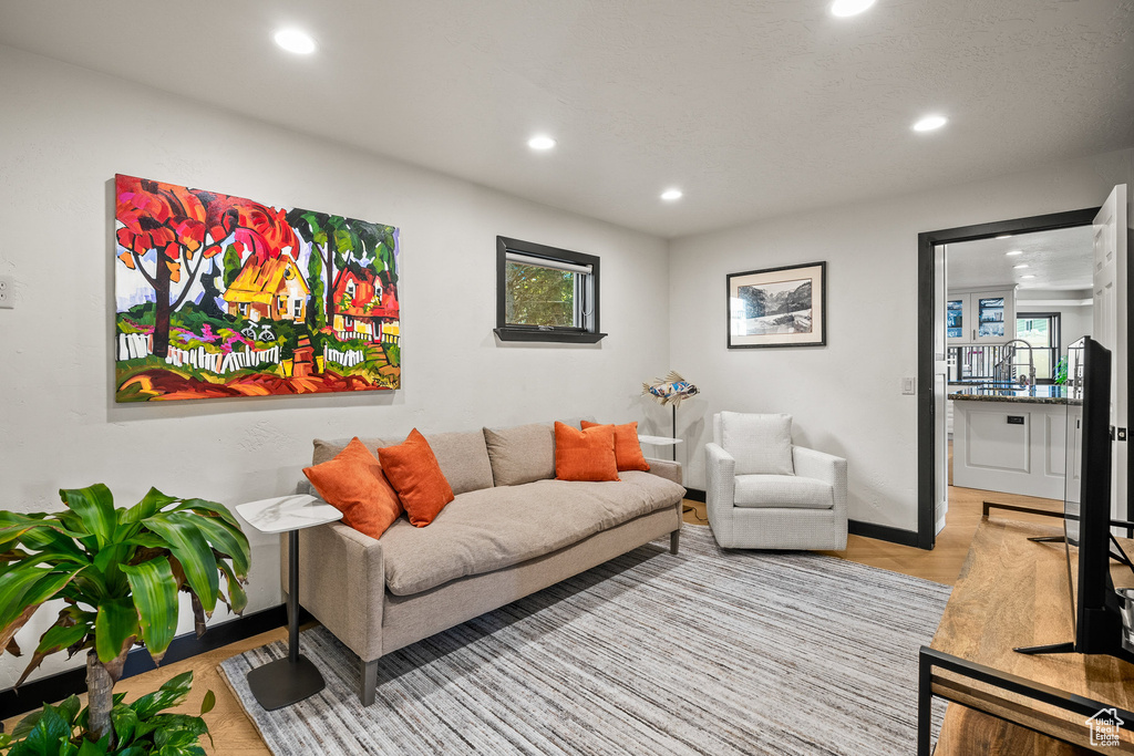 Living room featuring recessed lighting, baseboards, and wood finished floors