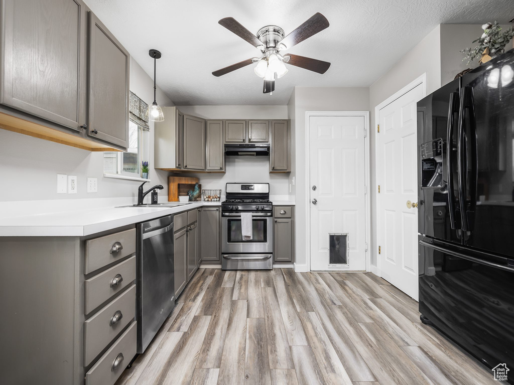 Kitchen with appliances with stainless steel finishes, gray cabinets, a sink, under cabinet range hood, and ceiling fan