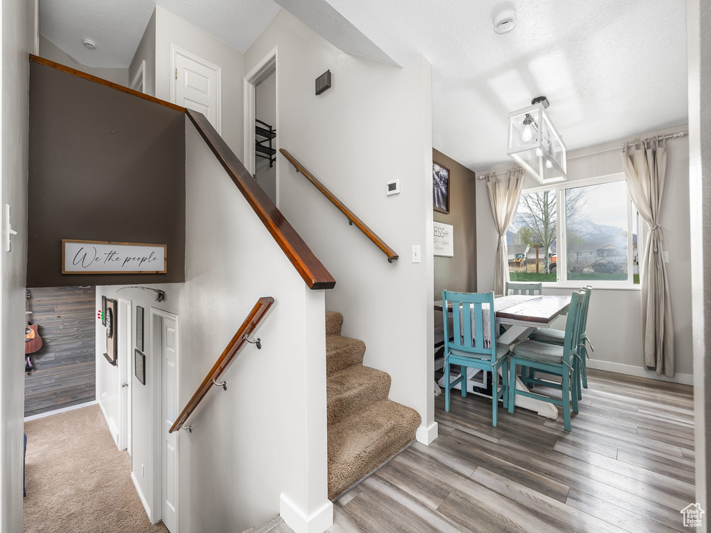 Stairs with wood finished floors and baseboards