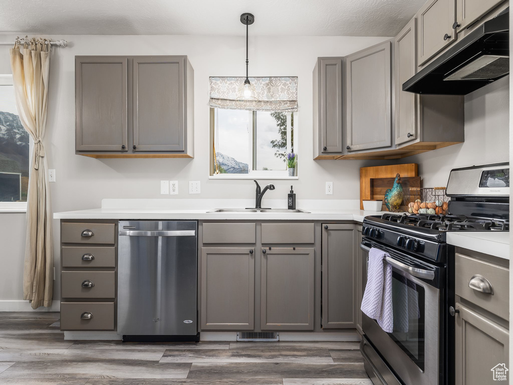 Kitchen with stainless steel appliances, under cabinet range hood, gray cabinetry, a sink, and wood finished floors