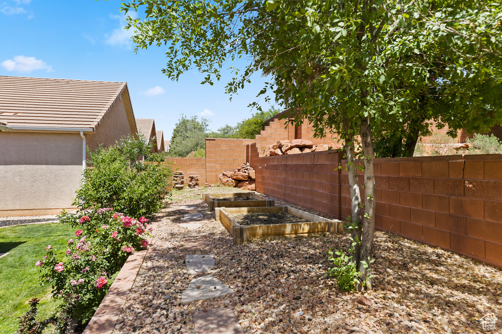 Fenced backyard with a garden