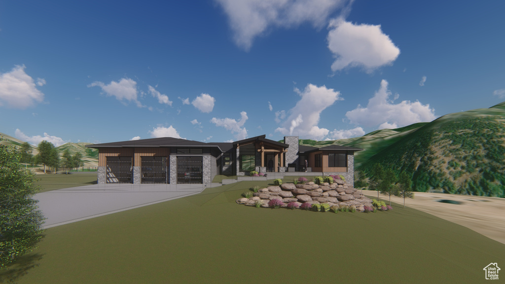 View of front of property with stone siding, driveway, and an attached garage