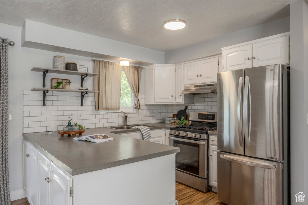 Kitchen with appliances with stainless steel finishes, under cabinet range hood, a peninsula, white cabinetry, and decorative backsplash