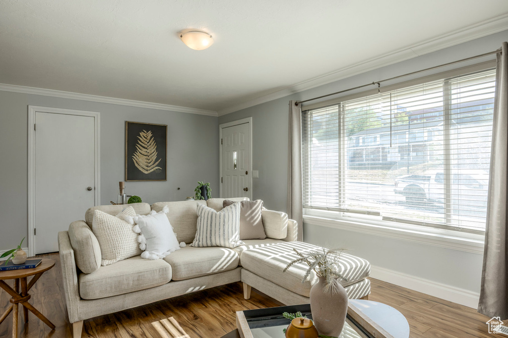 Living area with ornamental molding, baseboards, and wood finished floors