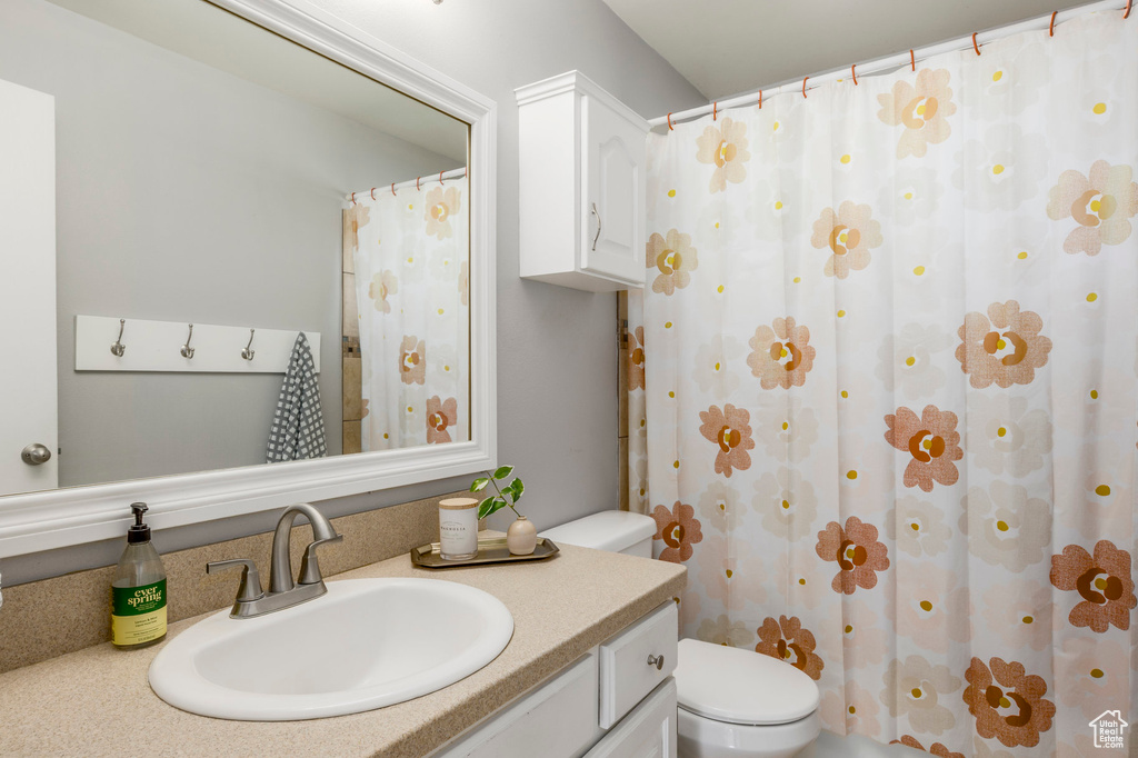 Full bathroom featuring vanity, toilet, and a shower with curtain