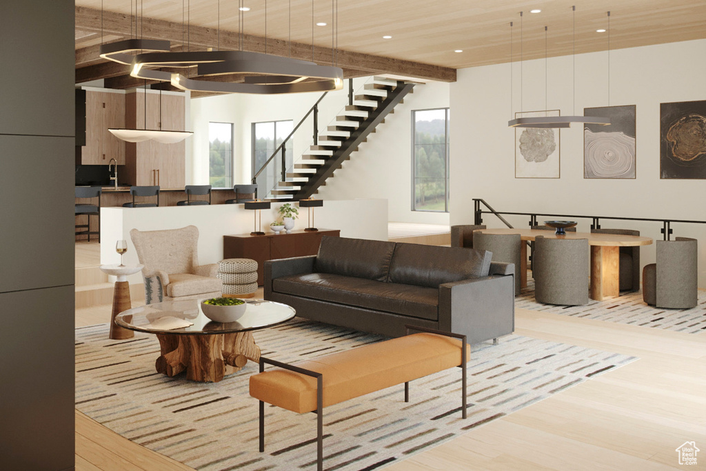 Common area with stairs, recessed lighting, and beam ceiling