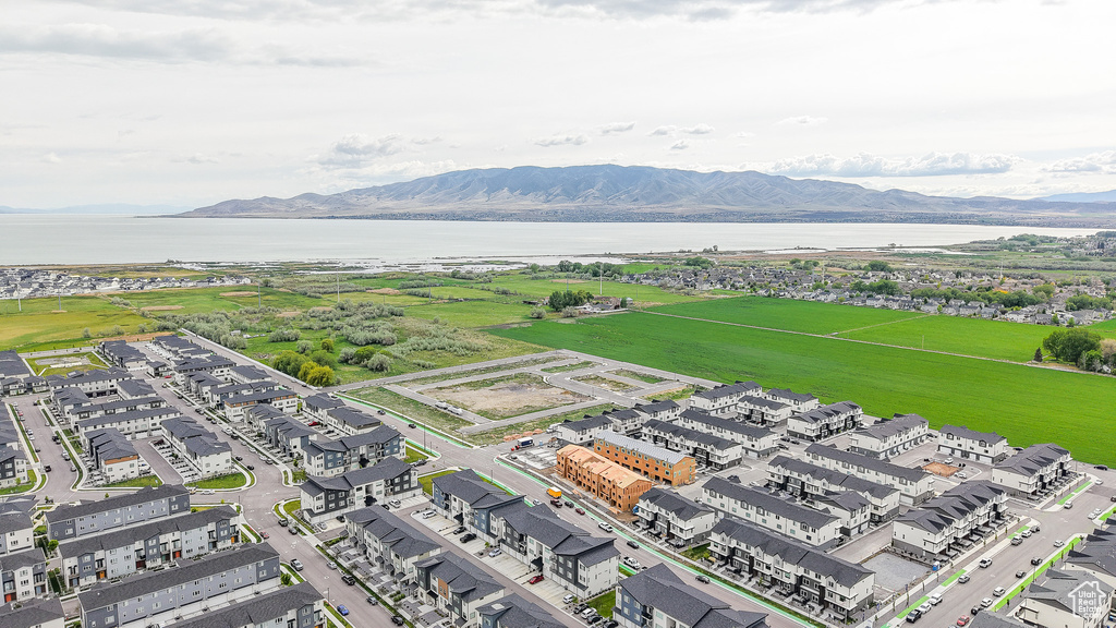 Aerial view of a water and mountain view