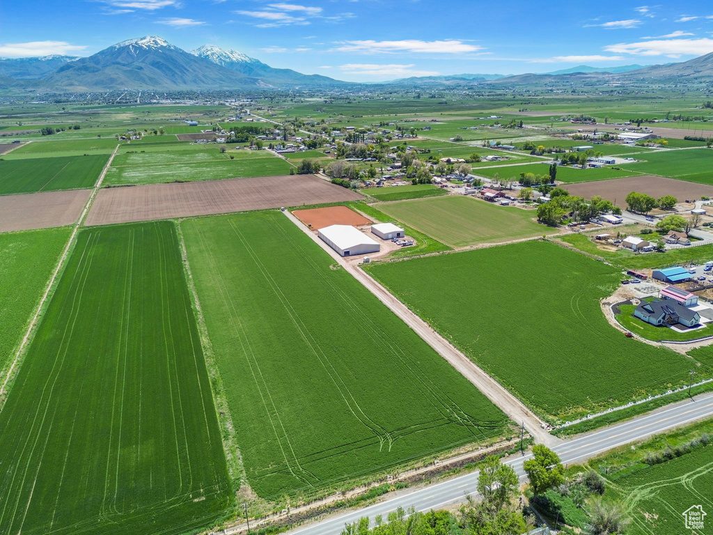 Overview of rural landscape featuring mountains