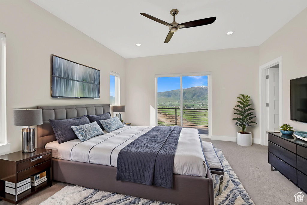 Carpeted bedroom featuring ceiling fan, baseboards, and recessed lighting