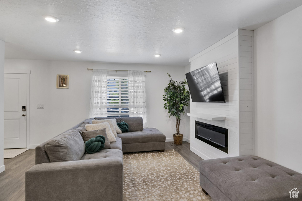 Living room featuring wood finished floors, a large fireplace, recessed lighting, and baseboards