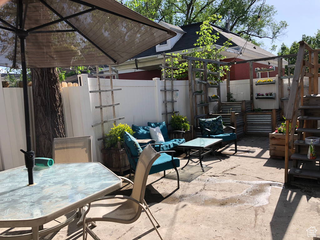 View of patio featuring a fenced backyard and outdoor dining area