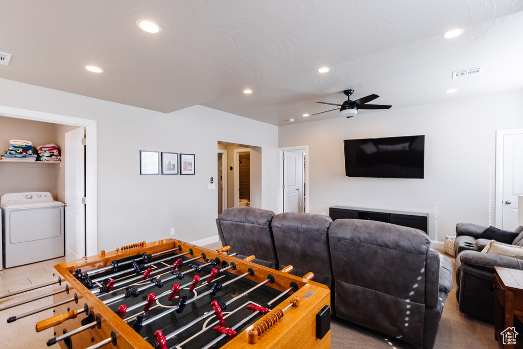 Playroom with washer / clothes dryer, recessed lighting, and a ceiling fan