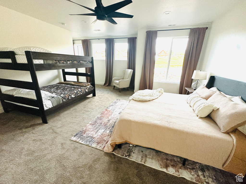 Carpeted bedroom featuring multiple windows and ceiling fan