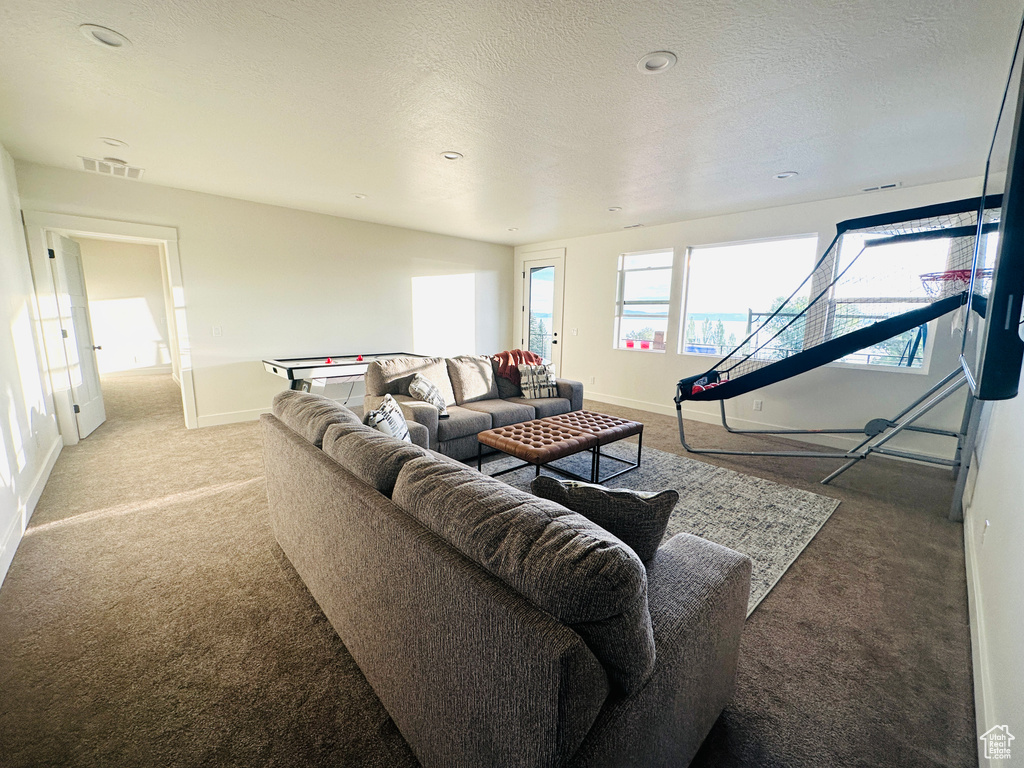Living area with carpet floors, baseboards, and a textured ceiling