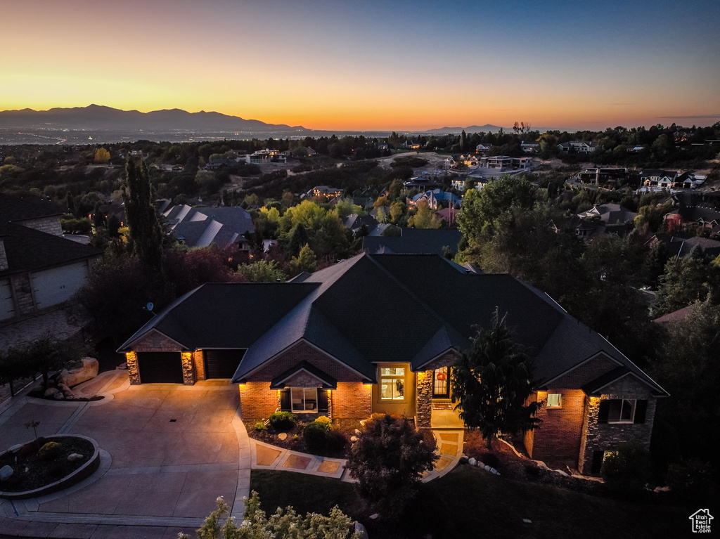 Aerial view at dusk of a mountain view