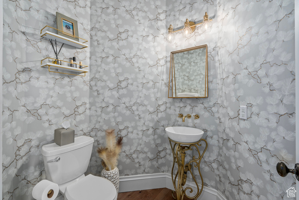 Bathroom with wood finished floors, toilet, a sink, and baseboards