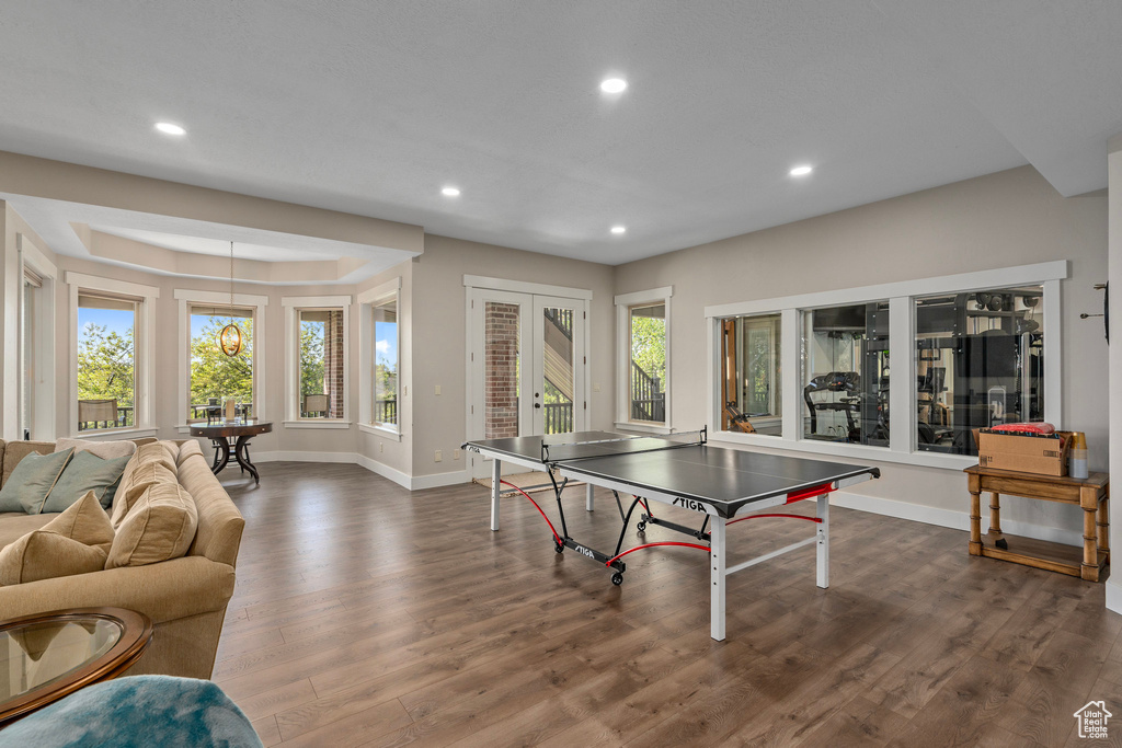 Recreation room featuring french doors, recessed lighting, dark wood finished floors, and baseboards