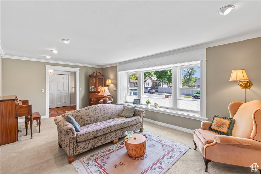 Living area with light colored carpet, crown molding, baseboards, and recessed lighting