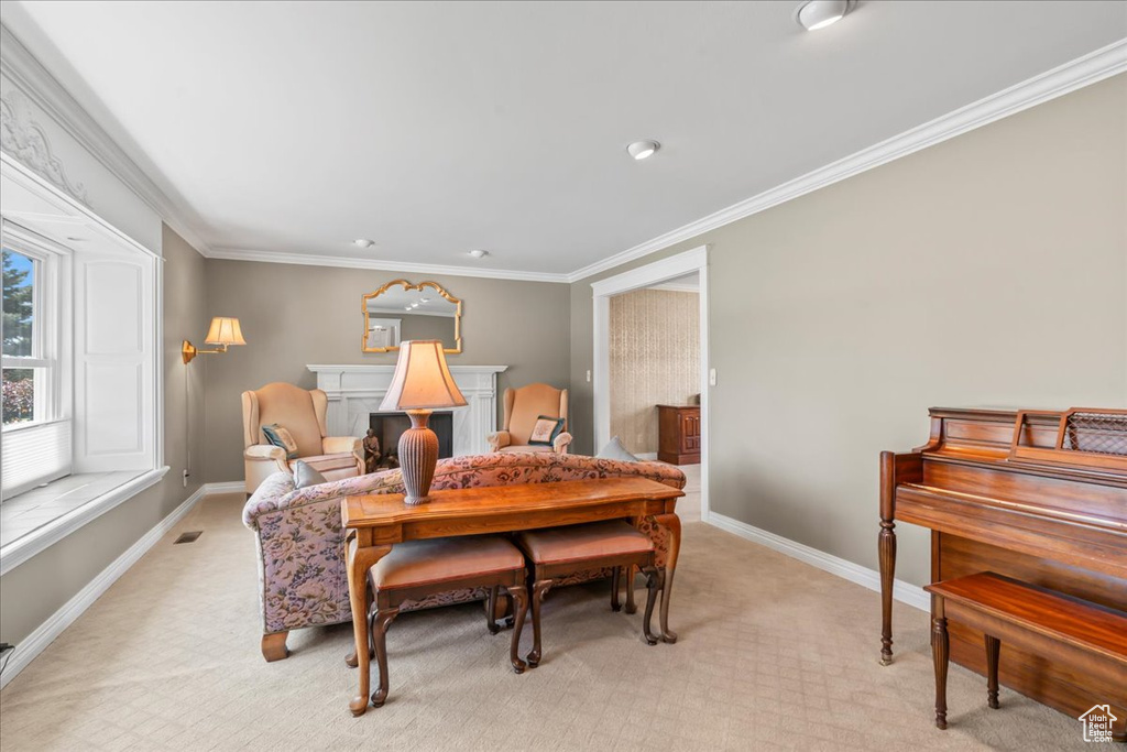 Living area with crown molding, baseboards, and light colored carpet