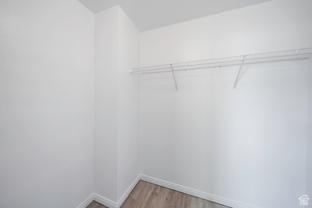 Walk in closet with light wood-type flooring