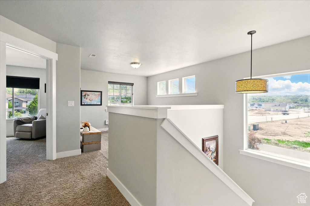 Hall with an upstairs landing, carpet flooring, and baseboards