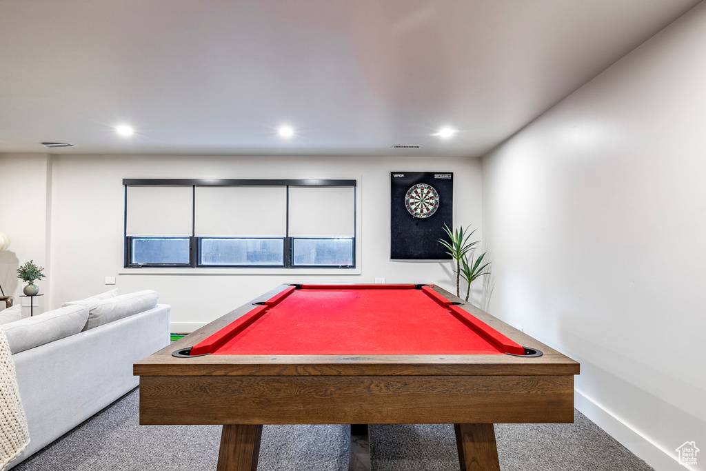Rec room featuring carpet flooring, billiards table, baseboards, and recessed lighting