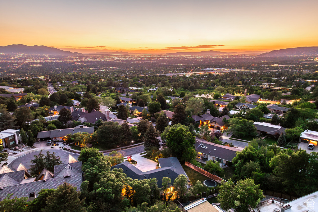 Aerial view at dusk of a mountain view