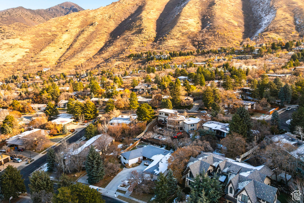 Aerial view of residential area with a mountainous background