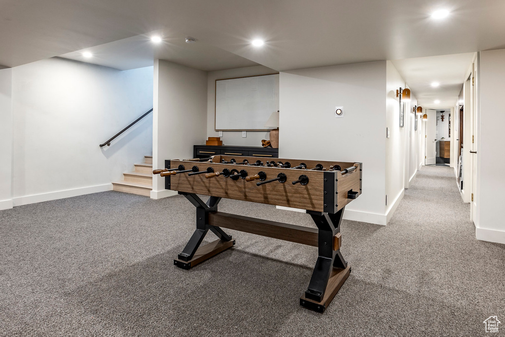 Game room with carpet floors, recessed lighting, and baseboards